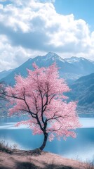 A magnificent and beautiful cherry blossom tree standing alone, with beautiful mountain and lake views
