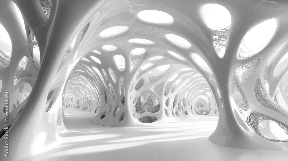Poster a futuristic, abstract space featuring smooth, white organic structures and delicate light filtering