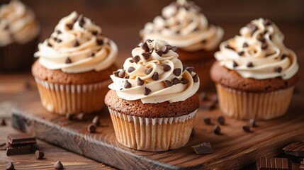 Cup cakes with whipped cream. Delicious cup cakes on wooden board