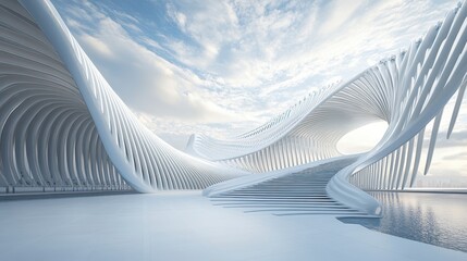 A futuristic architectural landscape featuring flowing white structures under a bright sky, creating a serene and imaginative environment.