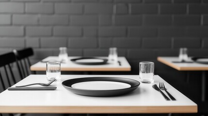 Elegant restaurant with simple blackandwhite decor, minimalist tables, and soft lighting, monochrome dining room, sophisticated, cozy