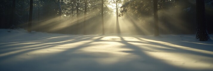 Sunbeams pierce through misty winter forest, casting long shadows on snow.