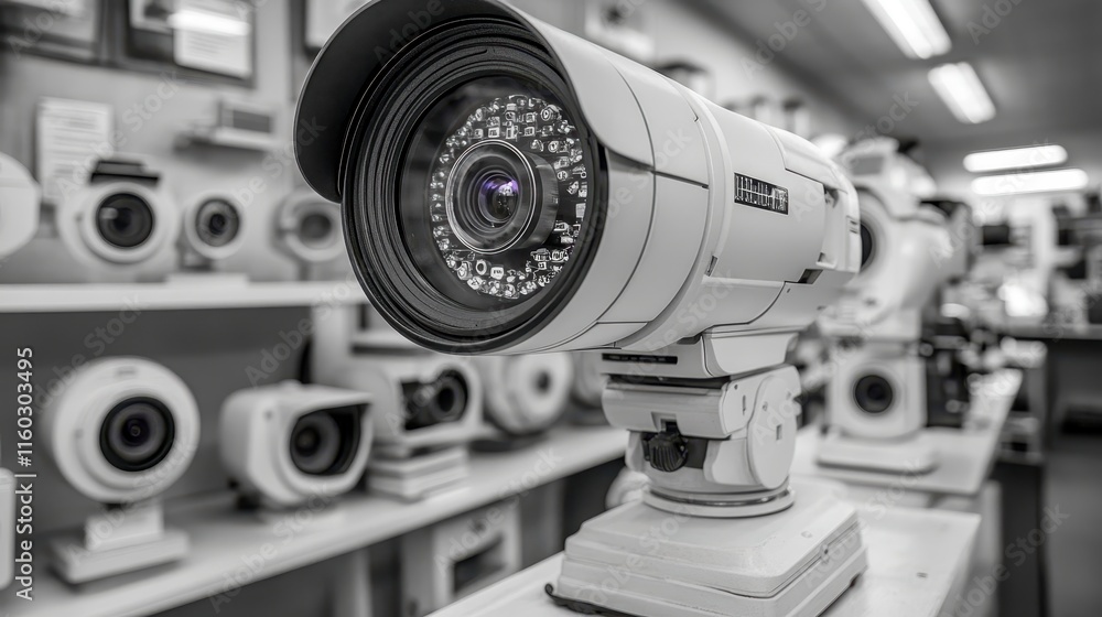 Poster a close-up of a surveillance camera with multiple similar cameras in the background, showcasing a va