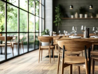 Obraz premium Elegant restaurant with simple decor, neutral tones, and floortoceiling windows, elegant minimalist restaurant, airy, modern