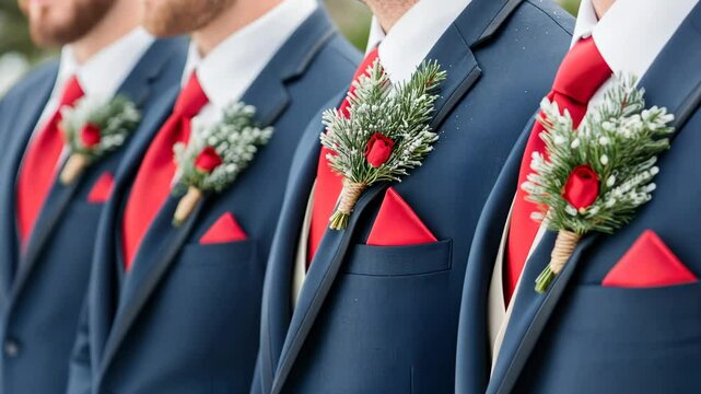 Groomsmen in Navy Suits with Red Ties, closeup of wedding buttonhole flower decoration. 