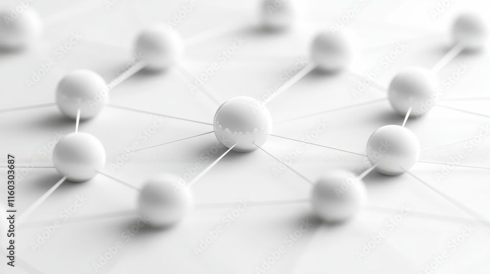Poster a close-up view of interconnected white spheres and lines on a light background, representing a netw
