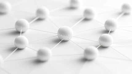 A close-up view of interconnected white spheres and lines on a light background, representing a network or molecular structure.