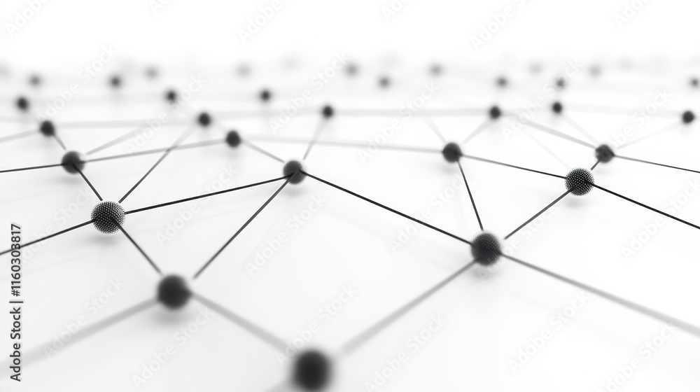 Poster a geometric network structure featuring interconnected black nodes on a white background, illustrati