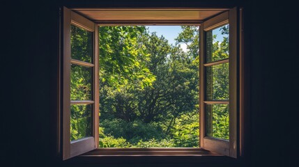 Open window revealing lush green trees and bright sunlight.