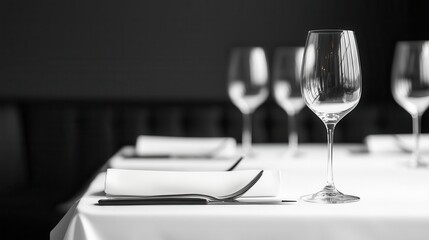 Elegant restaurant with simple blackandwhite decor, minimalist tables, and soft lighting, monochrome dining room, sophisticated, cozy