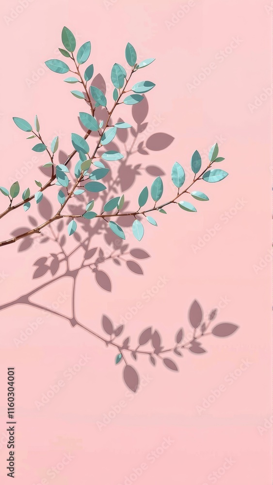 Poster Minimalist botanical branch with shadows on soft pink background
