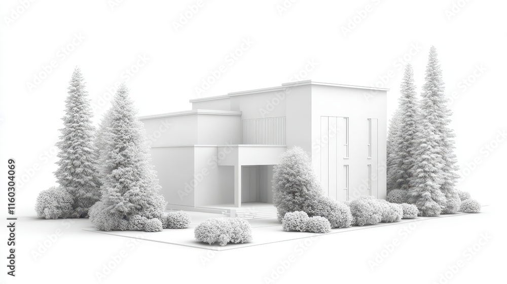 Poster a minimalist architectural rendering of a modern house surrounded by stylized trees and shrubs, all 