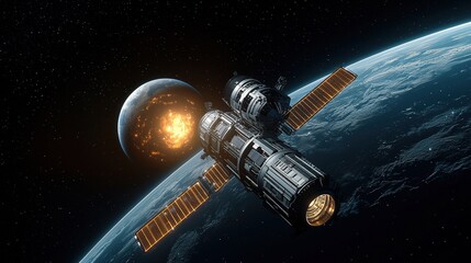 A futuristic space station orbits a planet, with an explosion visible in the atmosphere, creating a dramatic cosmic scene.