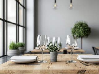 Modern restaurant with a neutral color palette, simple wooden tables, and large windows, neutral minimalist restaurant, chic, airy