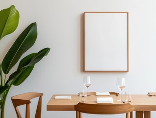 Minimalist dining area with light wood furnishings, white walls, and natural lighting, woodaccented restaurant, charming, simple
