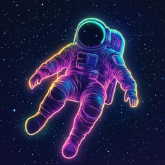 Neon astronaut floats in starry space.
