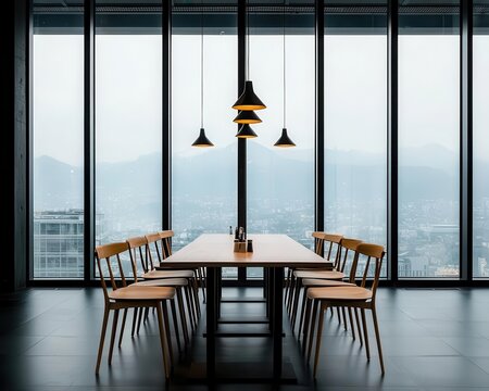 Minimalist hotel restaurant with dark wood tables, large windows, and soft lighting, dark wood dining room, elegant, calm