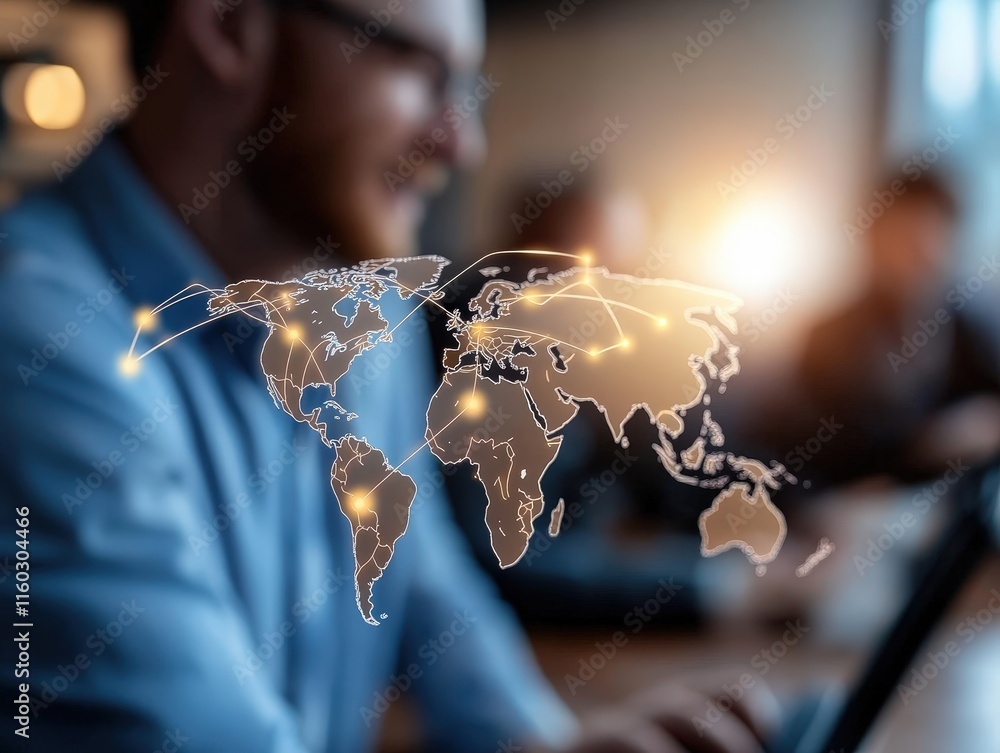 Poster businessman in office with world map graphic and connection lines representing global communication