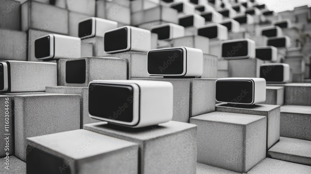 Poster a monochromatic scene with stacked blocks featuring modern, small rectangular devices, creating a vi