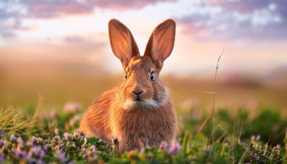 Fototapeta premium Rabbit among flowers, serene landscape. Brown bunny sitting in field. Wild or farm animal.