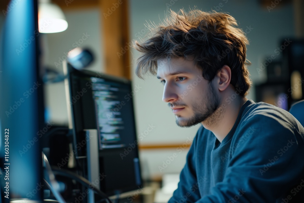 Poster a young male programmer focuses intently on his computer screens, immersed in writing html and other
