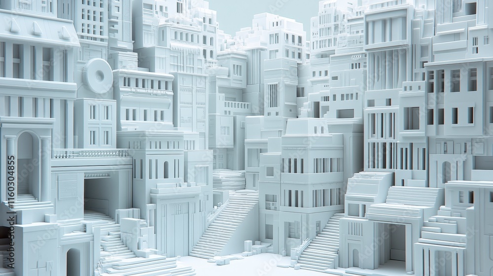 Poster a futuristic, monochromatic cityscape made from intricate geometric forms, showcasing detailed archi