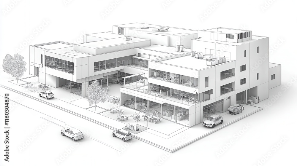 Poster a detailed architectural rendering of a modern building complex featuring multiple levels, balconies