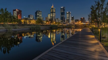 Obraz premium City skyline reflected in calm water at dusk, viewed from a wooden boardwalk.