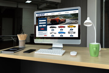 Naklejka premium car rental website on computer screen for tourist to rent a car for transportation snugly