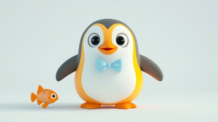 Fototapeta premium Cute cartoon penguin wearing a bow tie with a goldfish.