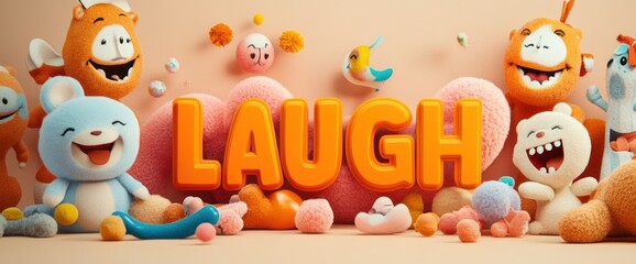 Joyful 3D cartoon animals surrounding the word "Laugh".