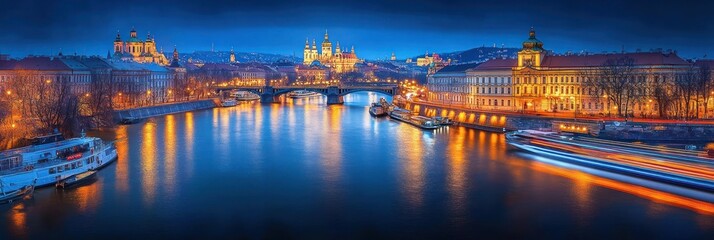 Obraz premium Night cityscape panorama of Prague, Czech Republic, with illuminated buildings and bridges reflecting on the Vltava River.
