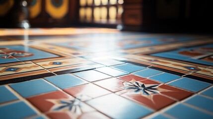 Obraz premium Colorful patterned tile floor in sunlight.