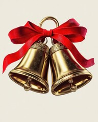 A polished 3D illustration of two classic Christmas bells with a bright red ribbon, rendered with reflective metallic details and isolated on a transparent background