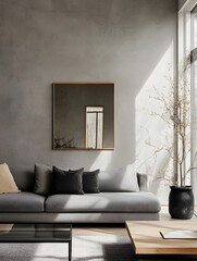 Minimal Elegant Living Room with Modern Sofa and Floor to Ceiling Windows : Generative AI