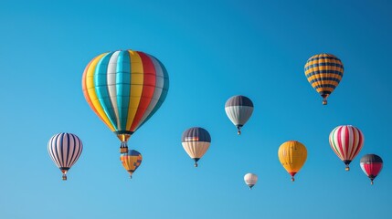 Naklejka premium Colorful hot air balloons ascend against a clear blue sky, creating a vibrant and cheerful scene of adventure and freedom.