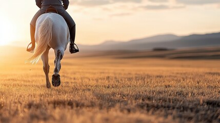 A rider on a white horse trots across a sunlit field, creating a tranquil scene against a backdrop of rolling hills.