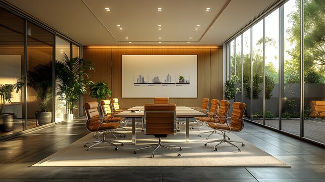 Modern boardroom with a presentation highlighting actionable plans for sustainable success