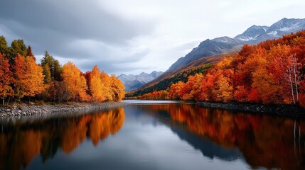 Naklejka premium A serene landscape featuring vibrant autumn foliage, a tranquil river reflecting the colorful trees, and majestic mountains under a cloudy sky.
