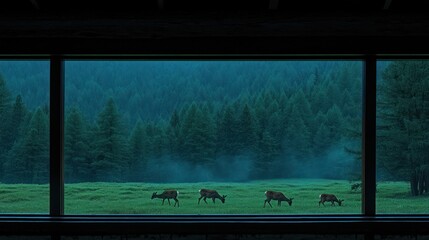 Fototapeta premium Deer grazing in misty forest meadow viewed through a large window.