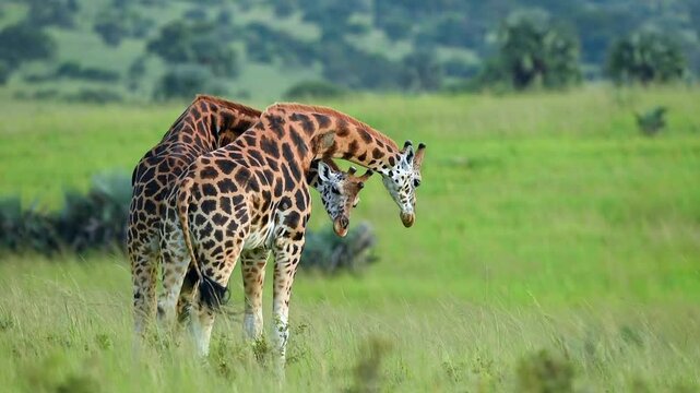 Two Giraffes rubbing necks in Uganda grassland