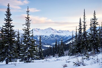 Snow-covered pine trees in a serene mountain range under a soft pastel sky at sunset, showcasing the beauty of winter wilderness. Ai generative