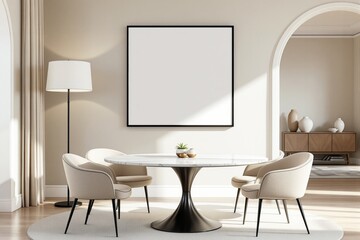Bright dining room with blank square poster on wall, modern round table, and beige chairs, illuminated by natural light. Minimalist concept. Ai generative