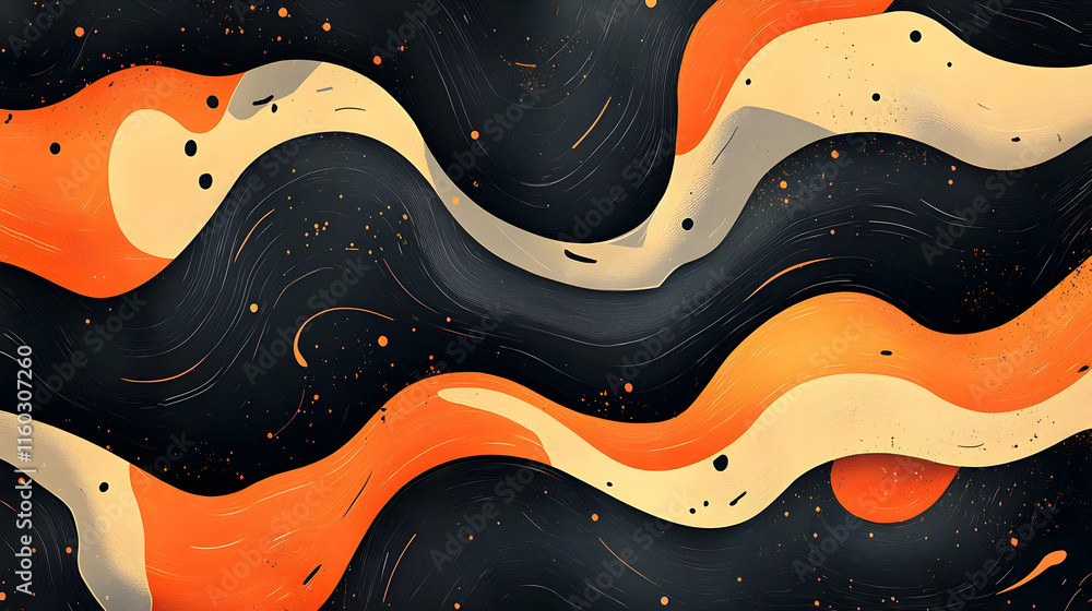 Poster abstract wavy design with orange, beige, and black colors, creating a dynamic visual flow.
