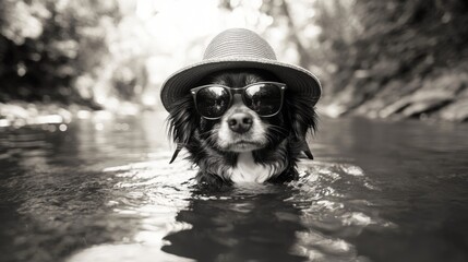 Dog surfing with sunglasses and hat