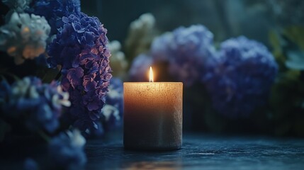 Lit candle surrounded by blue hydrangeas.