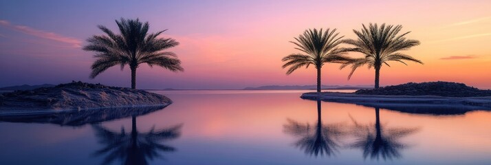 Serene sunset over calm water, reflecting two palm trees on small islands.