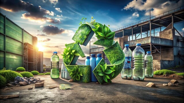 3D recycle symbol:  Urban exploration campaign against plastic bottlesâ€”save Earth.