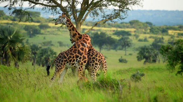 Two Giraffes rubbing necks in Uganda grassland