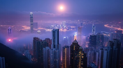 Obraz premium Hong Kong city skyline at dusk, viewed from above, with skyscrapers, clouds, and a hazy moonlit sky.